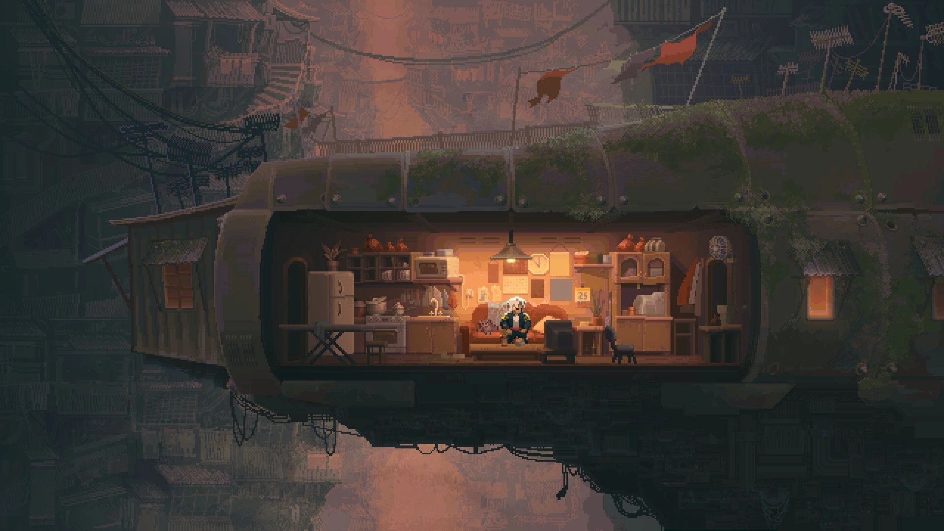 NOIR BLOOM: Lone character resting in a cozy trailer home kitchen, suspended in a neon cityscape.
