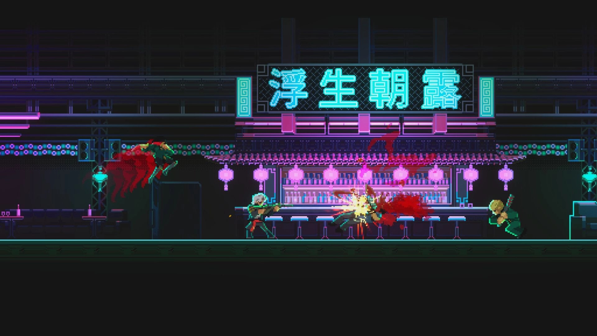 NOIR BLOOM: Gunman shoots an enemy at a neon bar counter beneath glowing signs and lanterns.