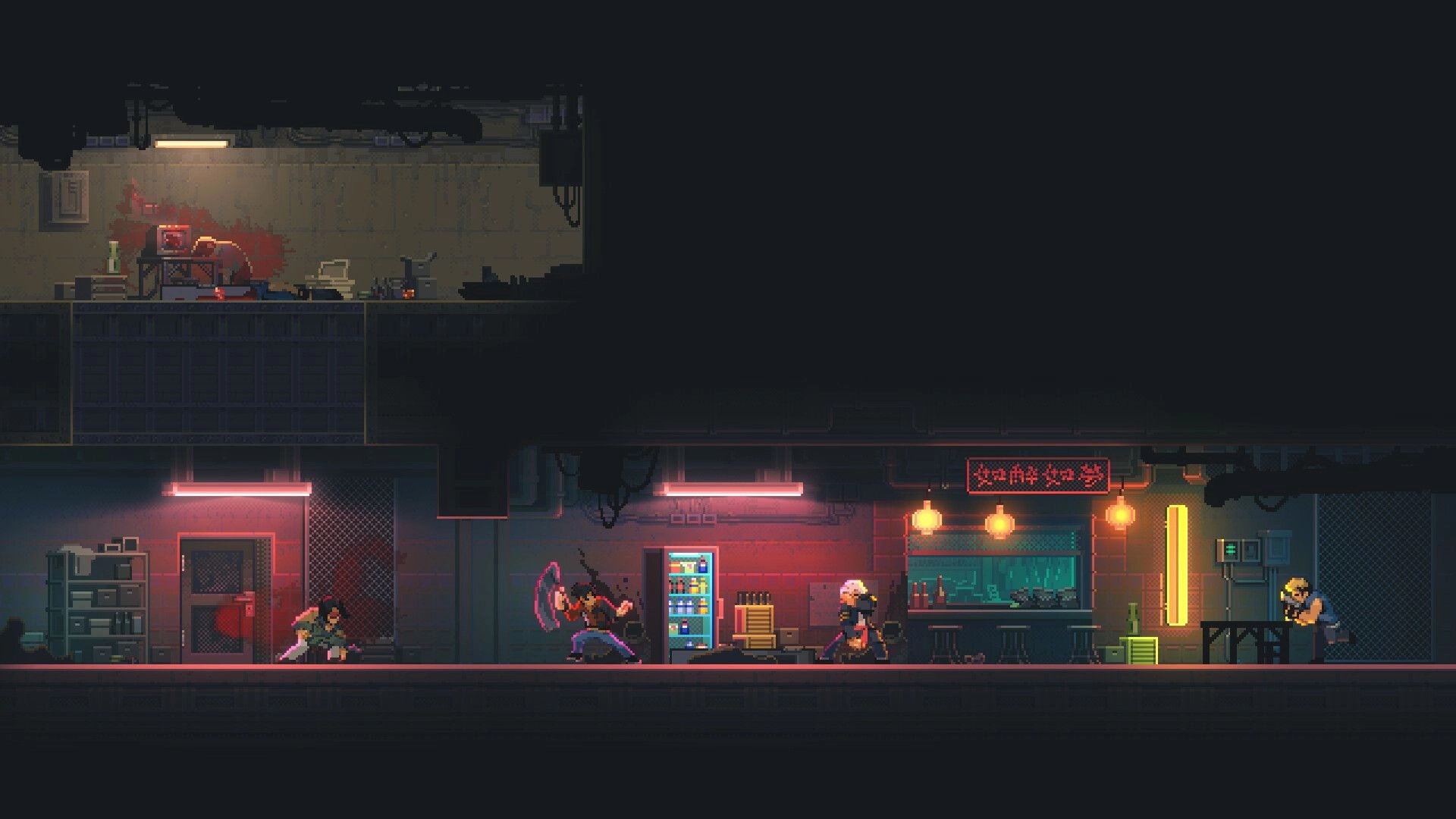 NOIR BLOOM: Player swings a scythe at thugs in a neon bar hallway with vending machine and stools.