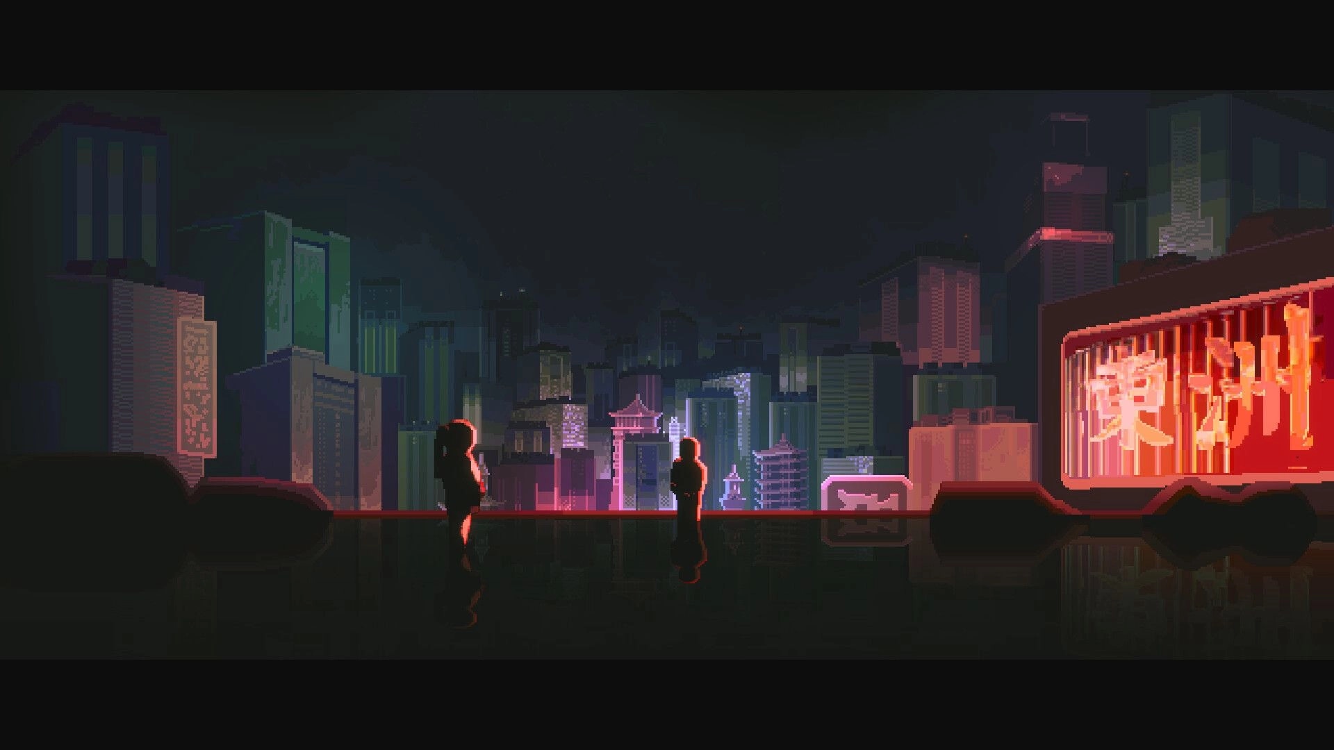 NOIR BLOOM: Two silhouetted figures face off on a rooftop walkway before a neon city skyline.