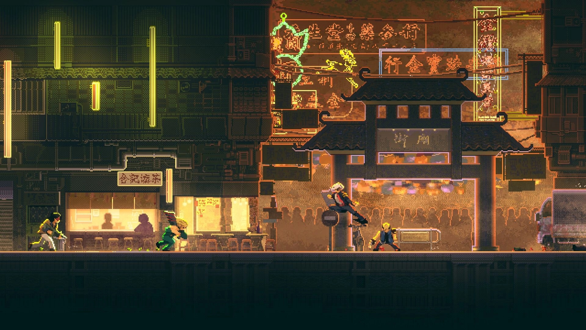 NOIR BLOOM: Gunman leaps over foes in a neon Chinatown street, with glowing signs and storefronts.