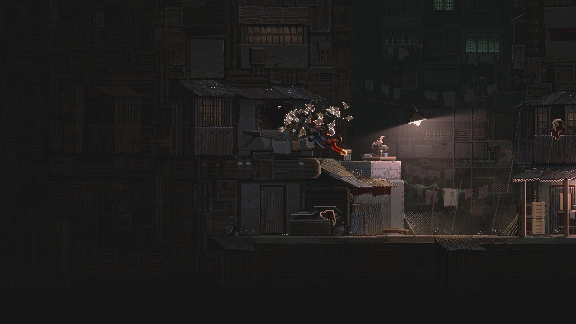 NOIR BLOOM: Player dashes through gunfire on corrugated rooftops in a dim alley lit by a streetlamp.