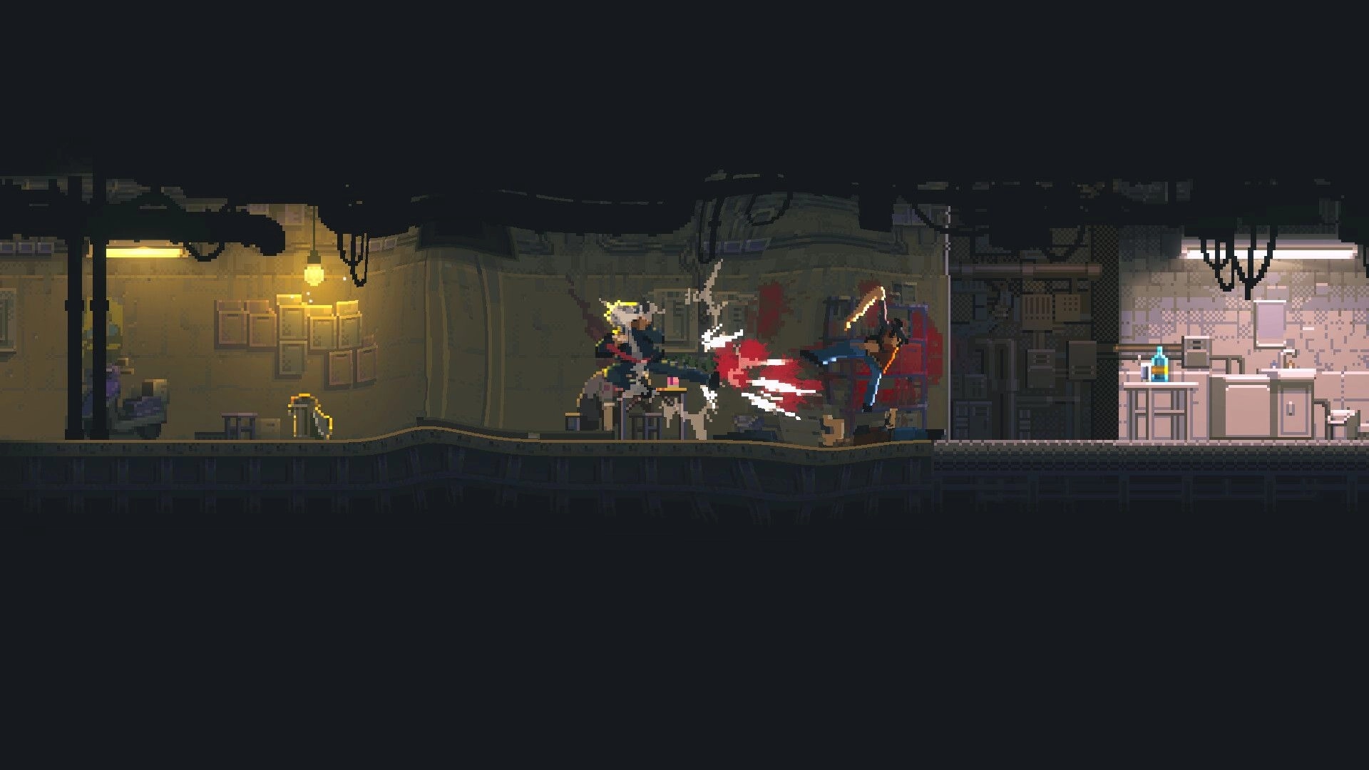 NOIR BLOOM: Pixel hero fires at a foe with blood spray in a dim apartment corridor and kitchen lab.