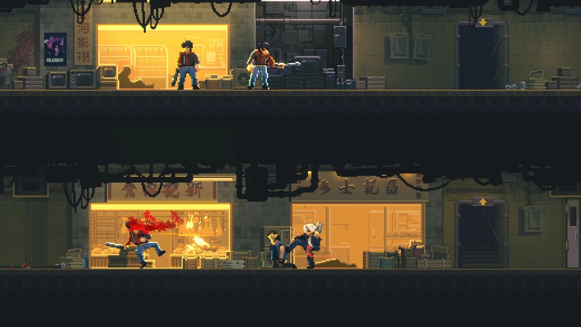 NOIR BLOOM: White-haired gunman executes a kickshot as blood sprays in a two-floor neon alley hideout.