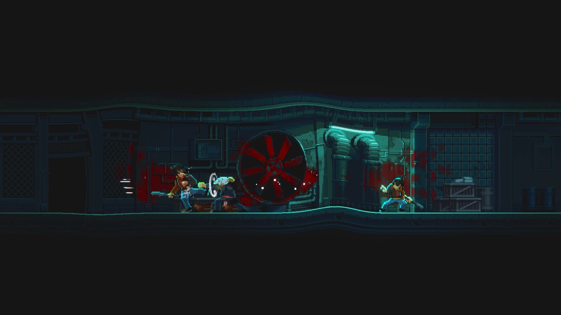 NOIR BLOOM: Side-scrolling gunfight with two enemies and blood splatter in a neon-lit tunnel corridor.