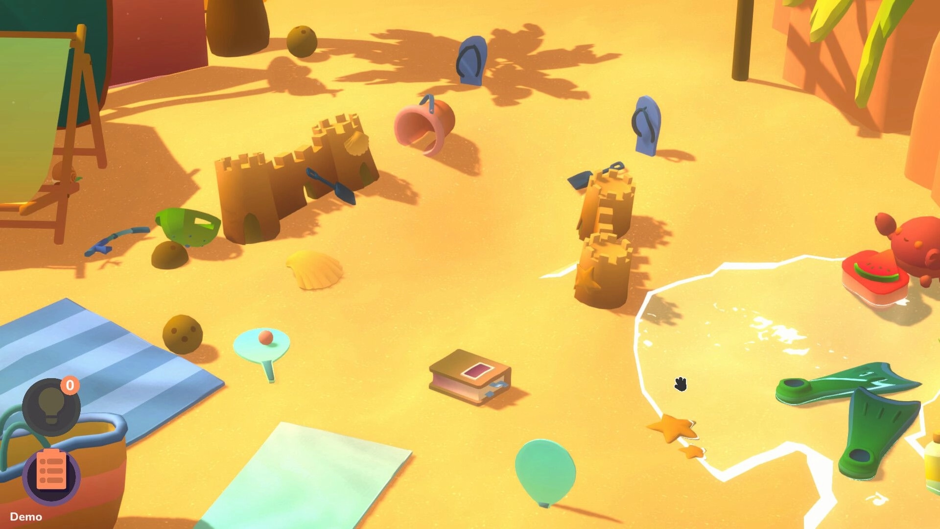 NOK: Beach scene with scattered objects, sandcastles, and a crab holding watermelon near a water's edge