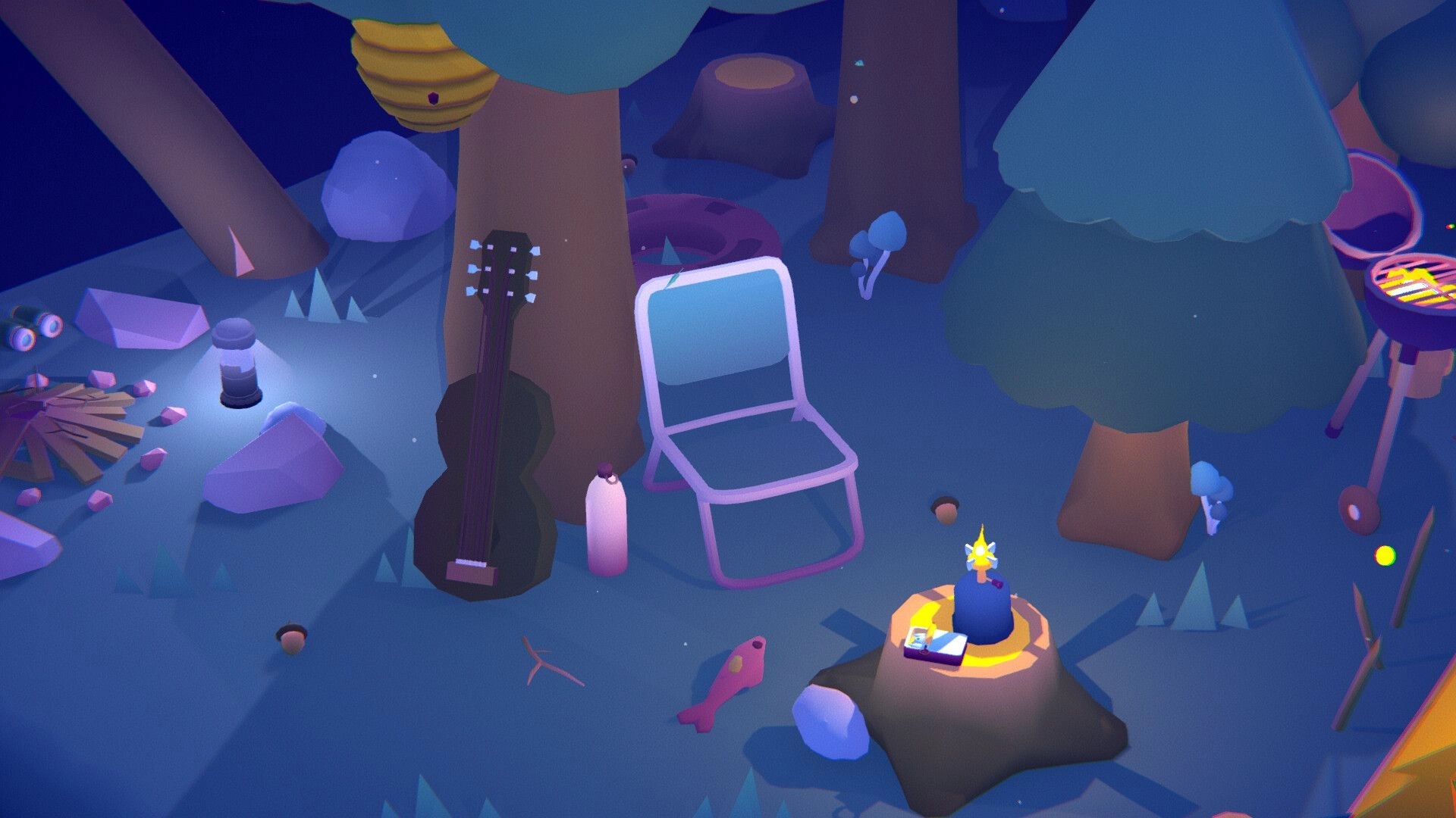 NOK: Campground scene with a guitar, chair, lantern, and grill among trees and scattered objects