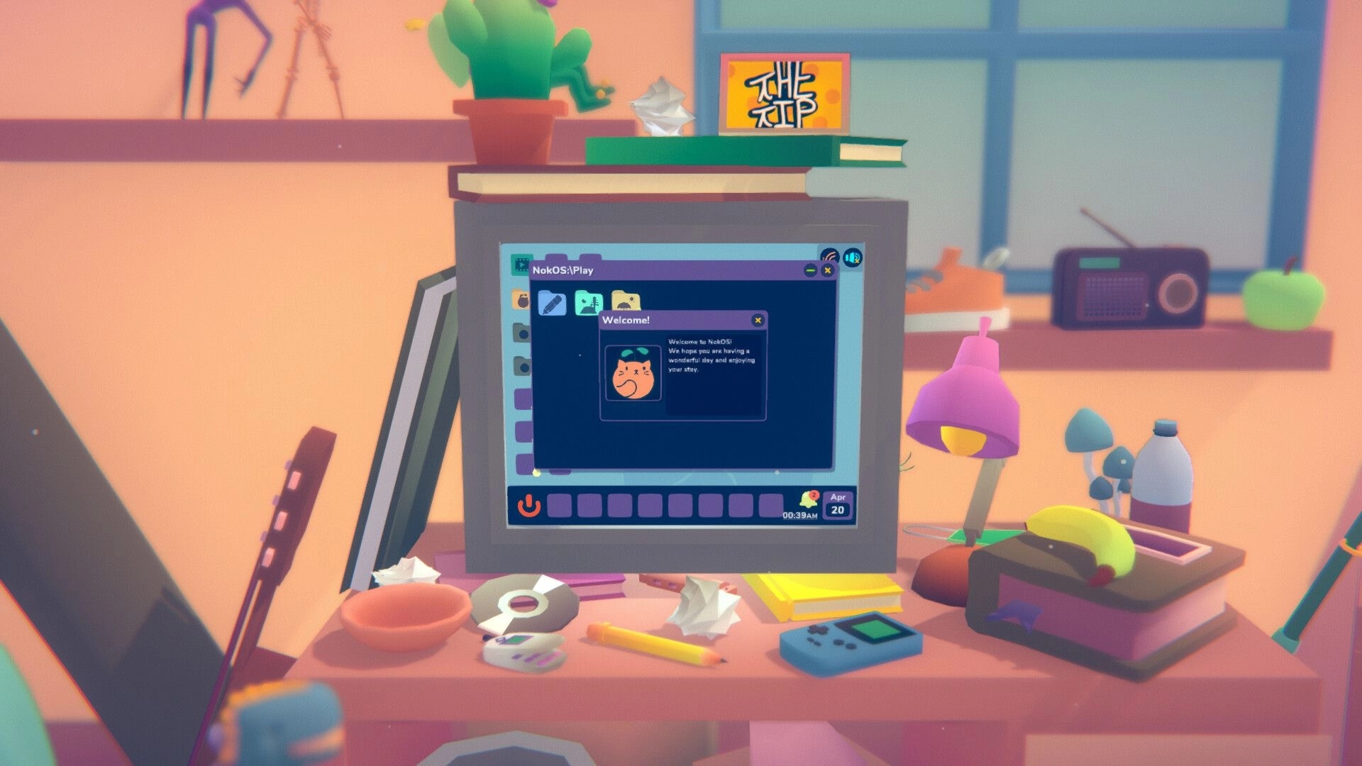 NOK: Computer screen displays NokOS interface with welcome message on cluttered desk in cozy room.