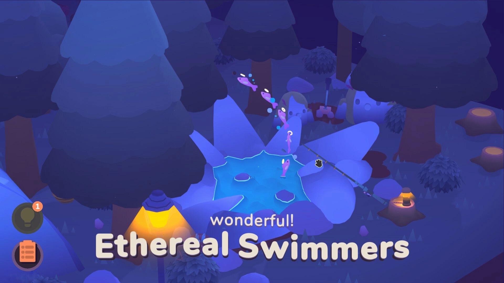 NOK: Glowing fish swimming in a forest pond with a "wonderful!" message and UI elements visible.