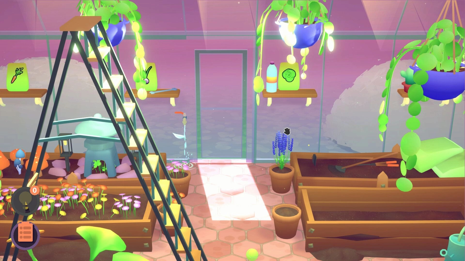 NOK: Colorful greenhouse scene with plants, gardening tools, and a watering can in a vibrant environment