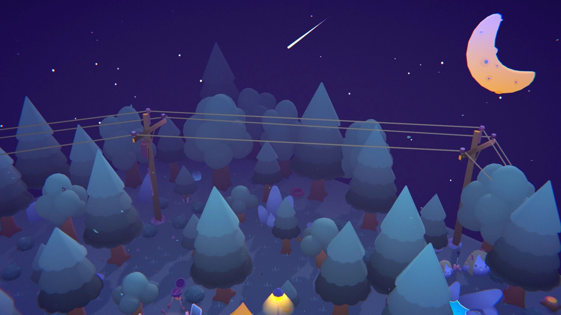 NOK: Nighttime forest view with dense trees, power lines, a crescent moon, and a streaking shooting star.