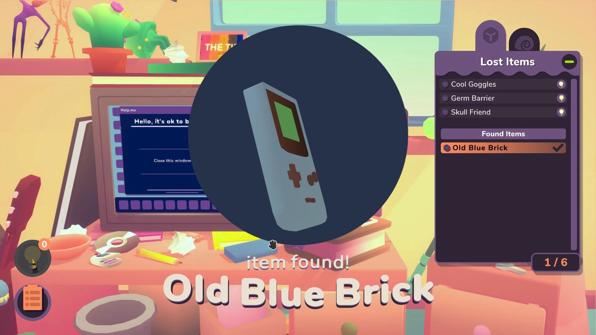 NOK: "Old Blue Brick" found on cluttered desk with computer, cacti, and "Lost Items" menu visible