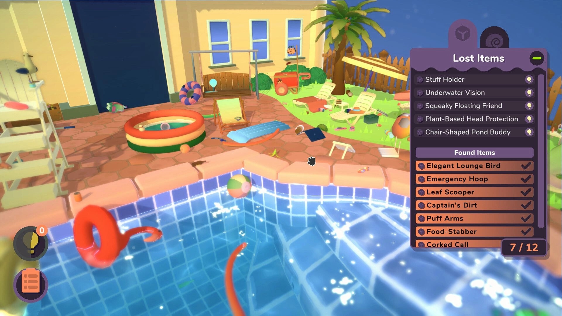 NOK: Poolside chaos with scattered objects and lost items list displayed on UI in backyard setting