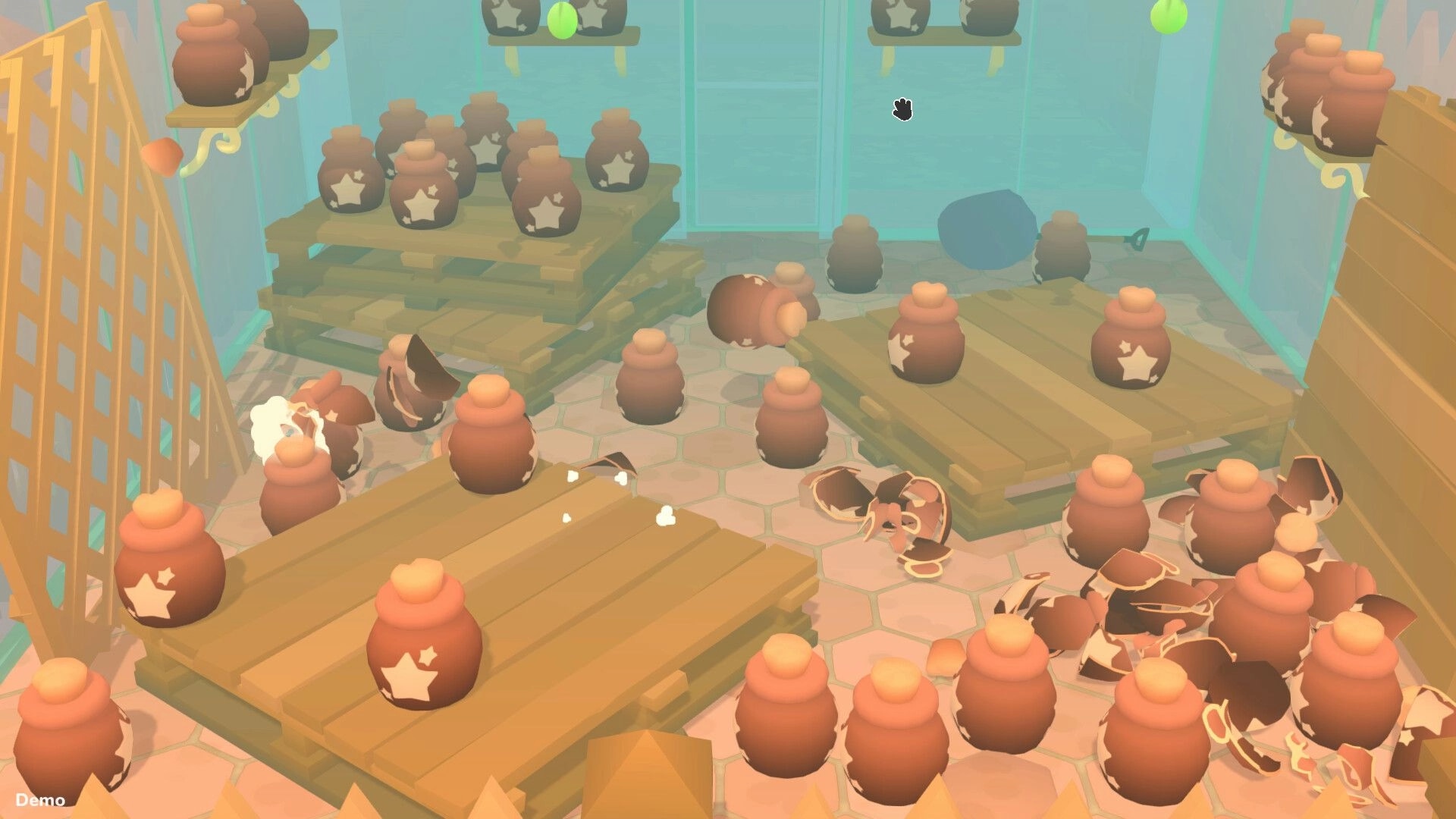 NOK: Room filled with star-marked clay pots on shelves and floors, some broken, in a sandbox setting.