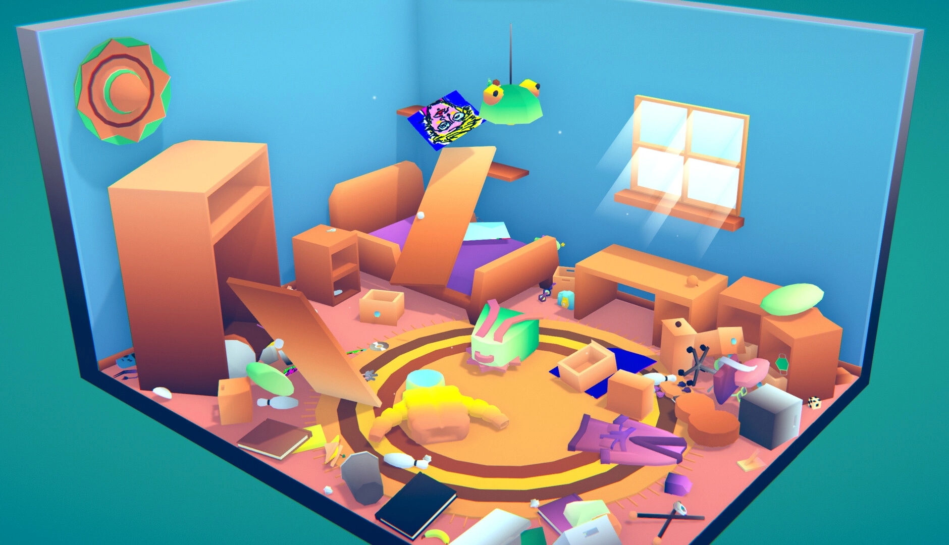 NOK: Disorganized room with scattered furniture and objects in a colorful, cartoonish environment