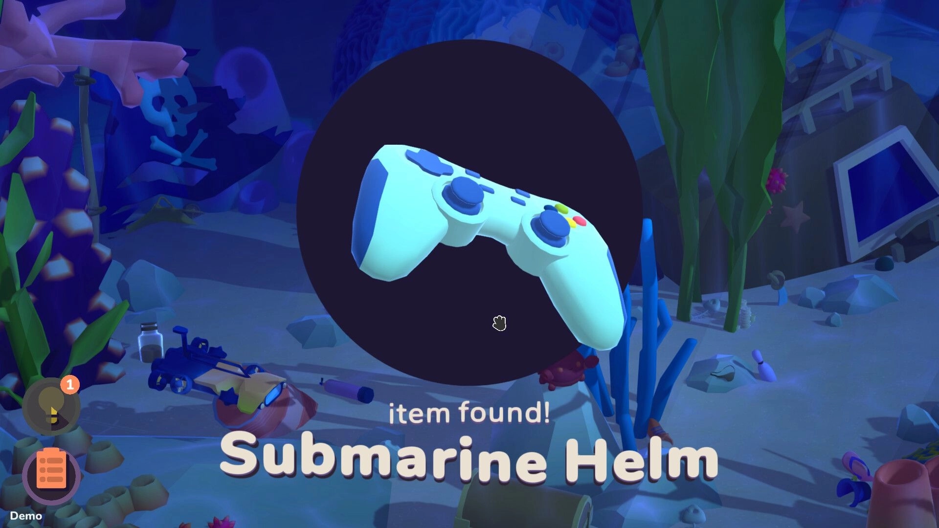 NOK: Underwater setting with a found item notification displaying a controller named "Submarine Helm"