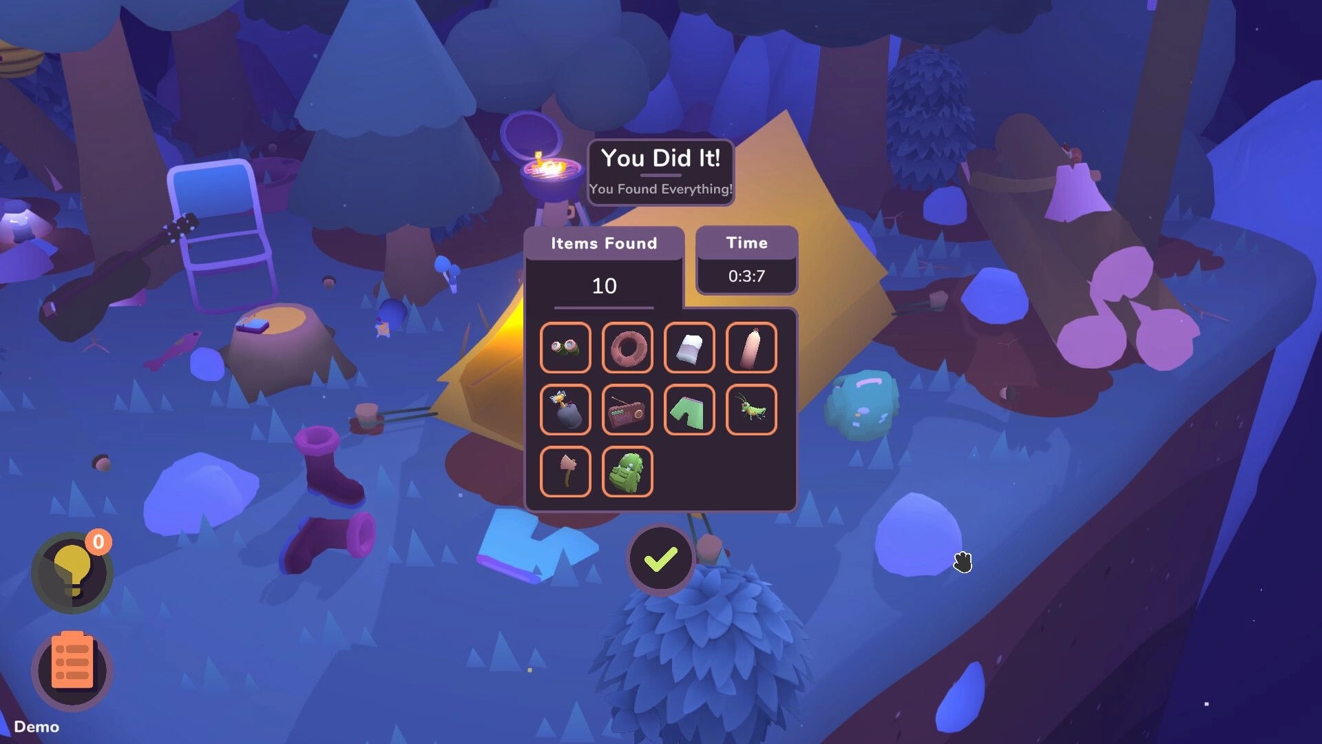 NOK: Victory screen with all items found and time displayed in a colorful forest campsite setting.