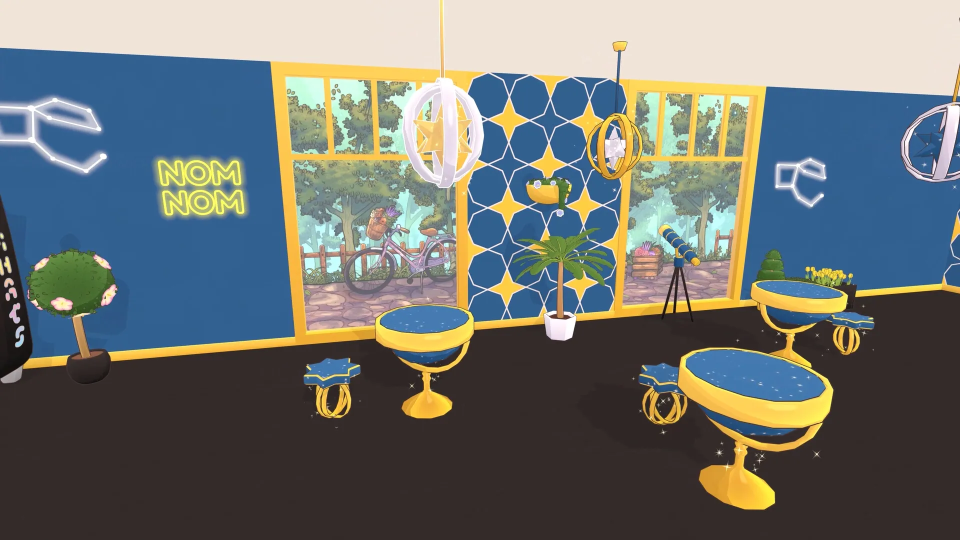 Nom Nom: Stylish café interior with blue and yellow decor, telescope, and forest view through windows