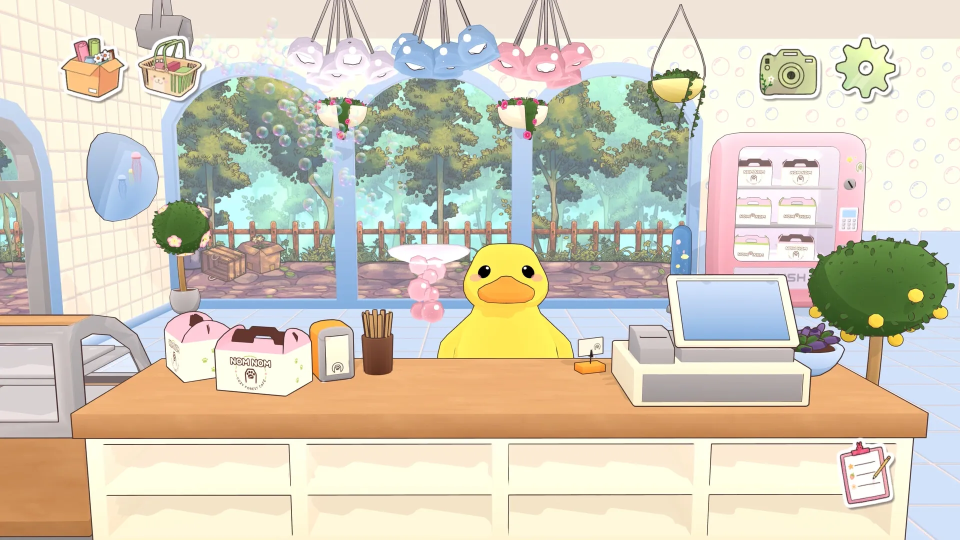 Nom Nom: A cheerful duck character stands at the café counter with a lush forest view visible outside.