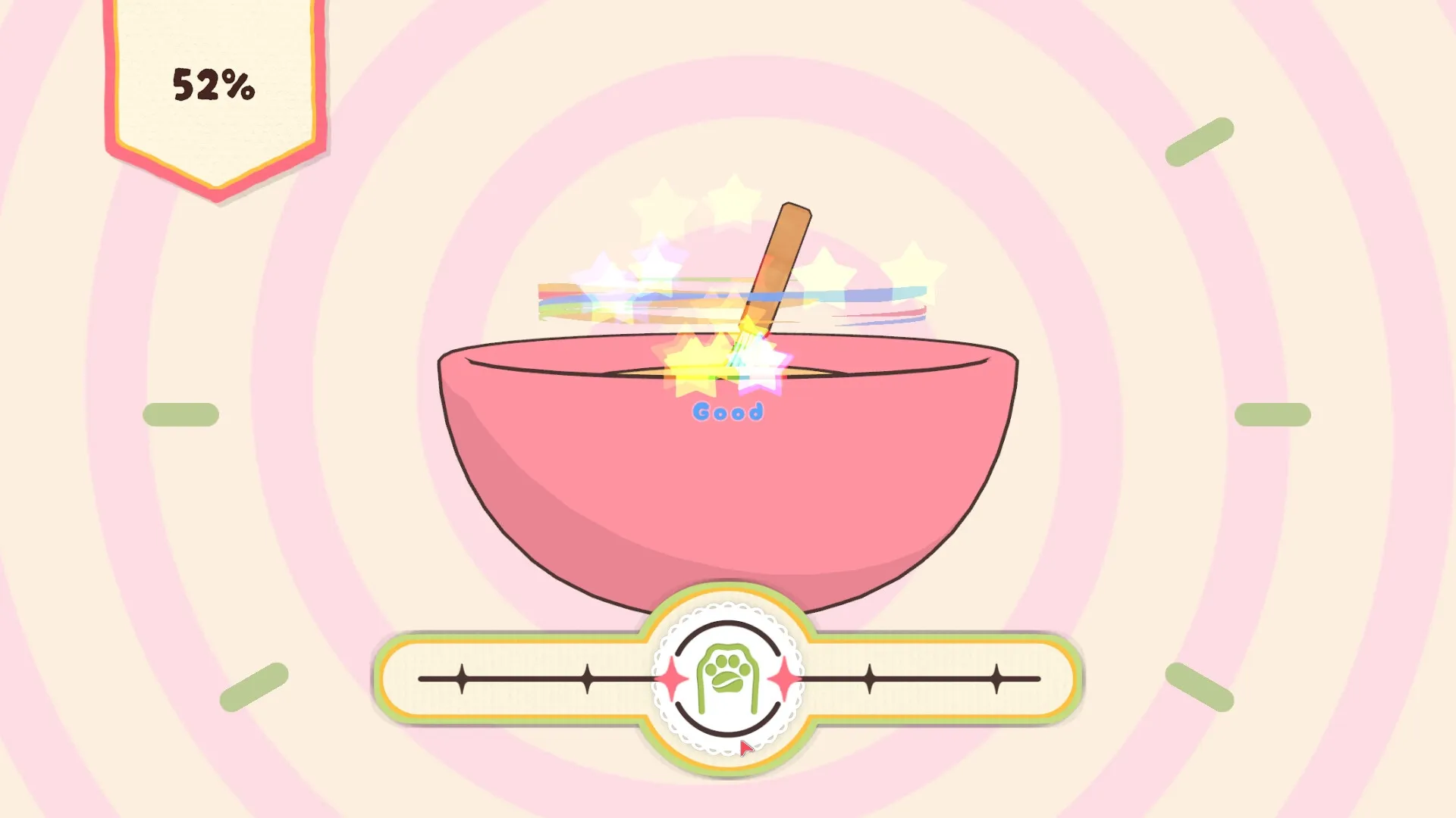 Nom Nom: Stirring a pink bowl with stars and progress bar, cozy café rhythm game setting