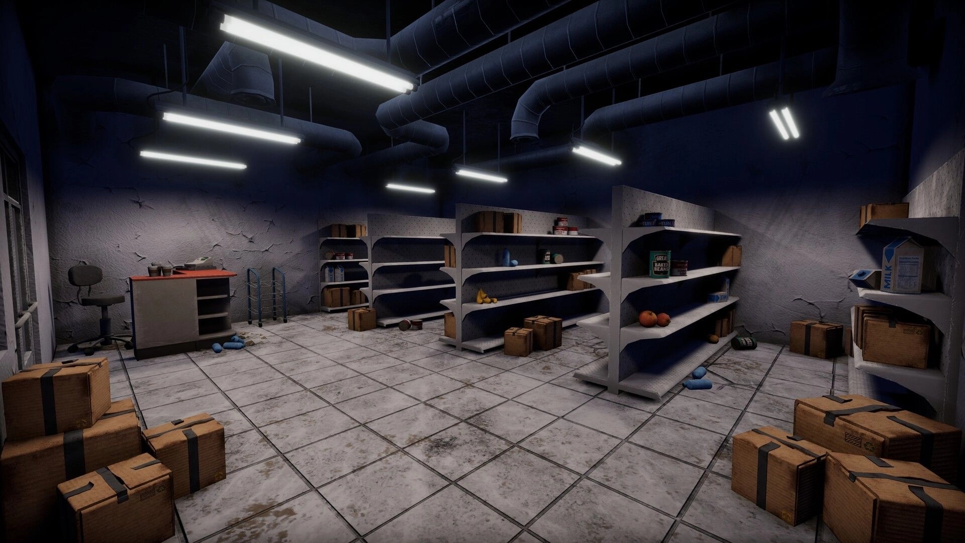 Nomad Drive: Empty grocery storeroom with scattered cans and boxes under harsh fluorescent lights.