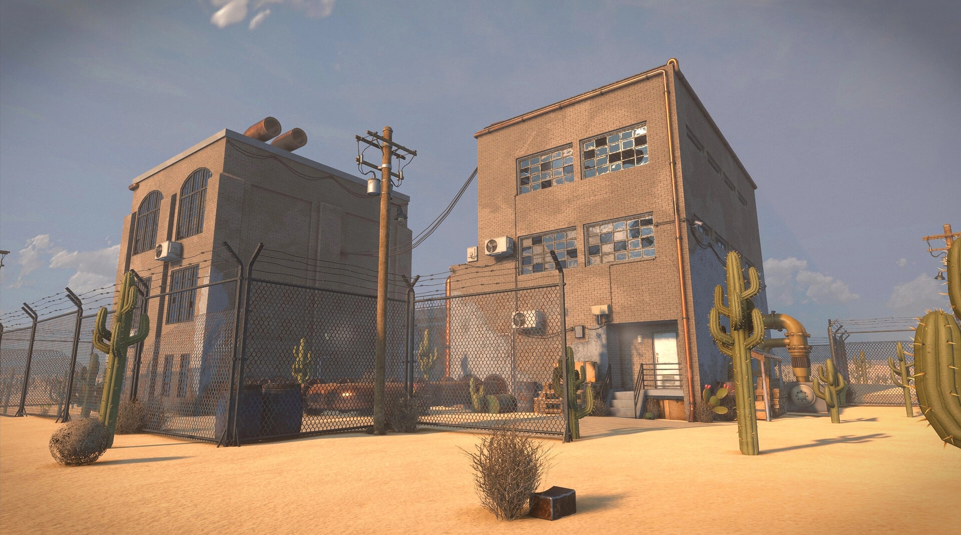 Nomad Drive: Abandoned fenced factory buildings and power lines in a sandy desert with cacti.