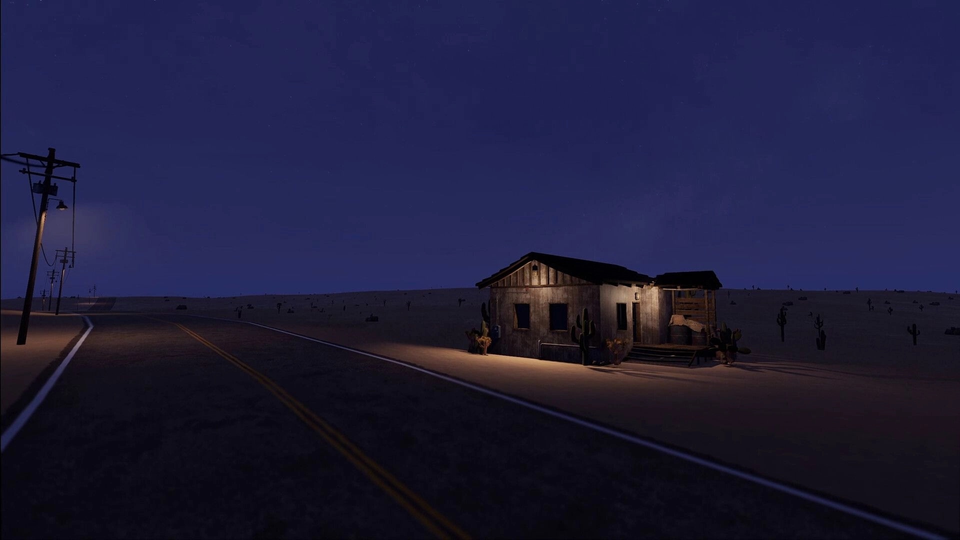 Nomad Drive: Desert highway at night with a lit shack and cactus beside leaning power poles.