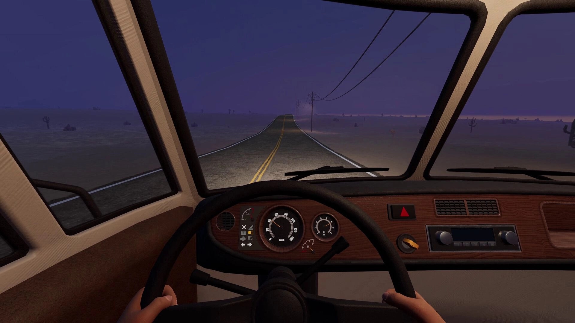 Nomad Drive: First-person RV driving view with dashboard gauges on a foggy desert highway at dusk.