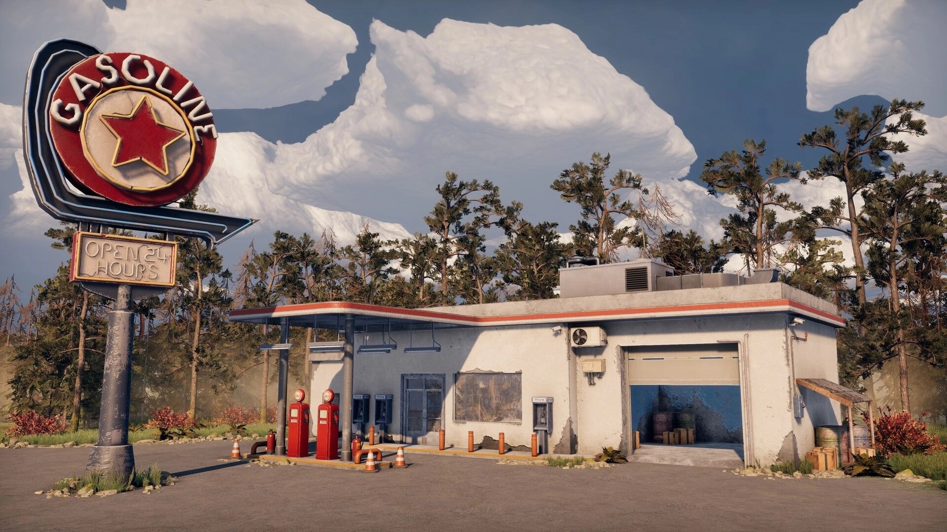 Nomad Drive: Abandoned gasoline station with pumps and open garage beside a pine forest backdrop.