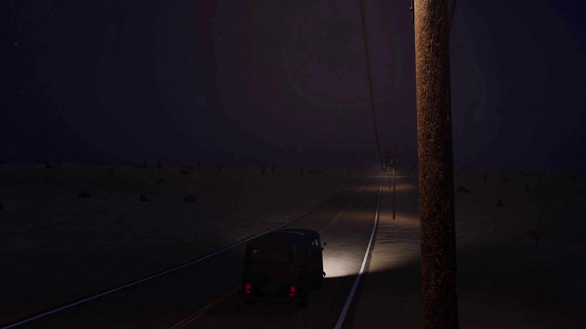 Nomad Drive: Van driving down a dark highway at night with headlights and power poles in desert.