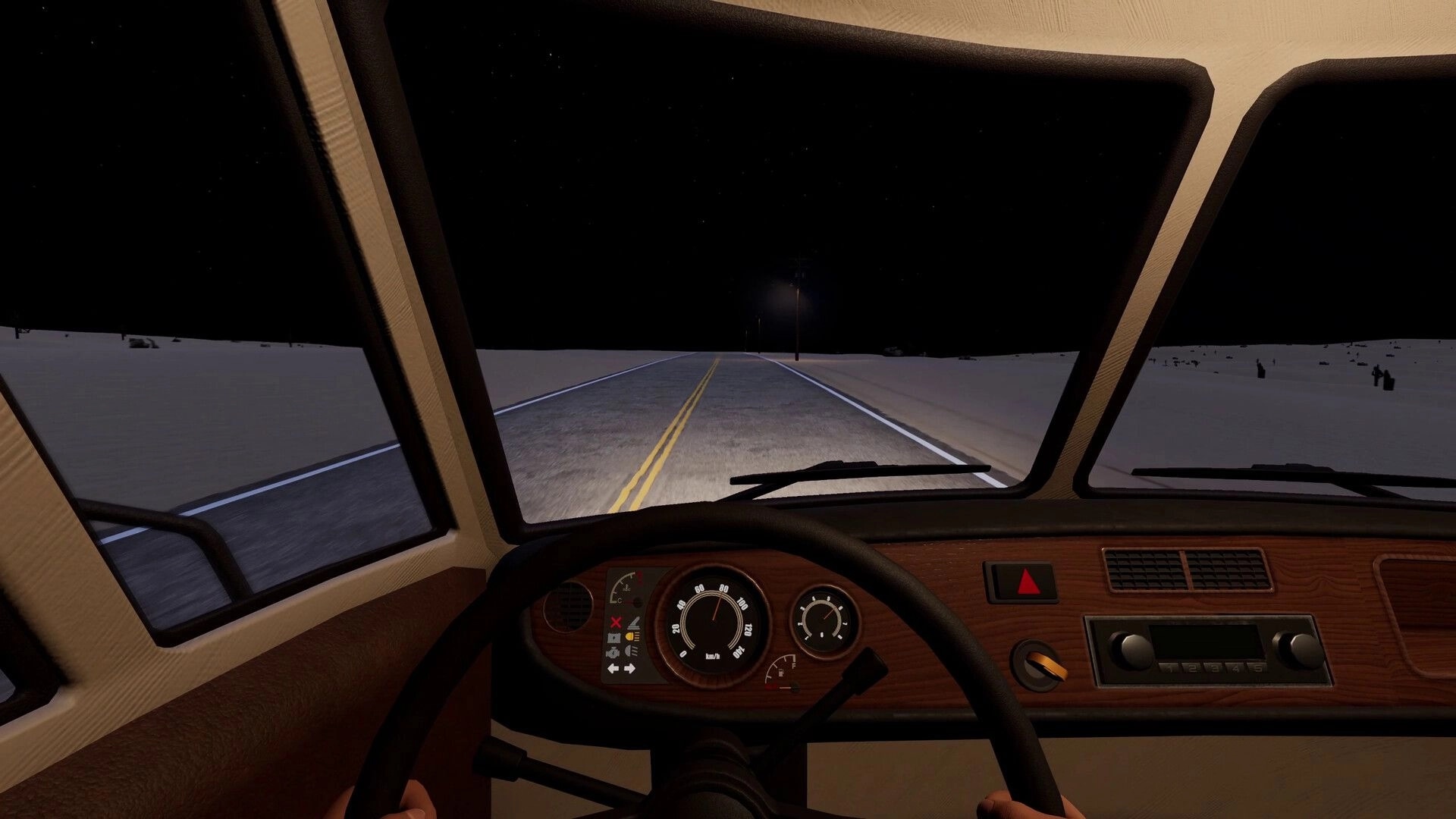 Nomad Drive: First-person RV driving with dashboard gauges on a dark desert highway at night.