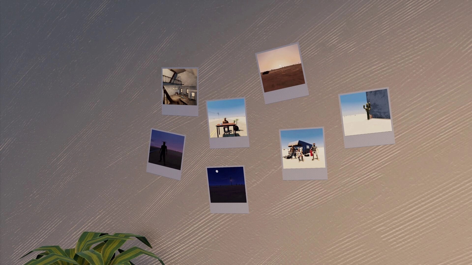 Nomad Drive: Polaroid photo board menu with desert and camp snapshots on a textured wall background.