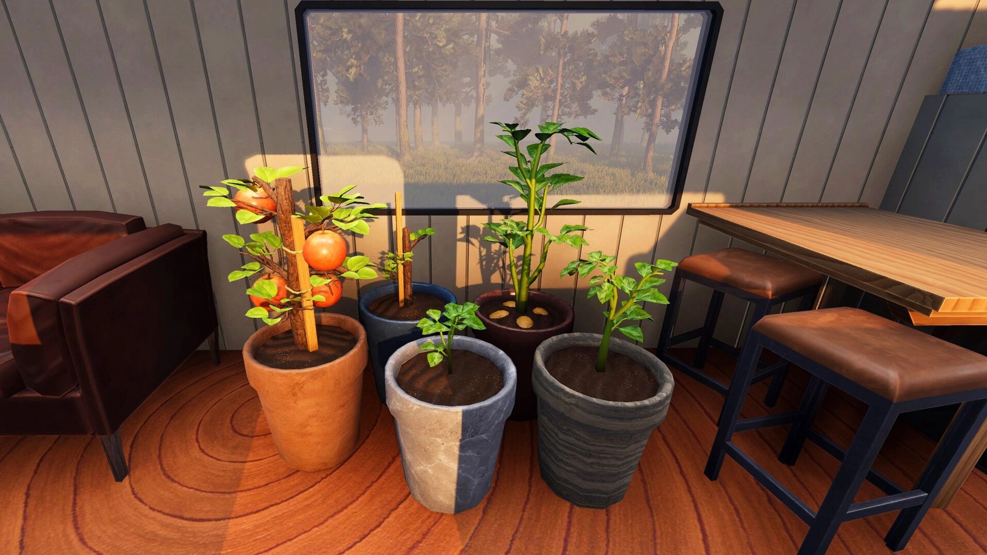 Nomad Drive: Potted tomato and potato plants growing inside an RV cabin beside a window and table.