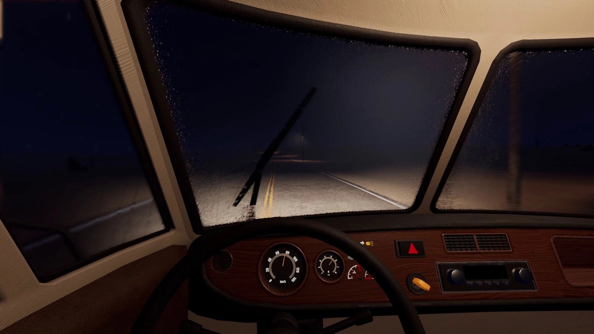 Nomad Drive: First-person RV driving view with dashboard gauges on a foggy night highway road.