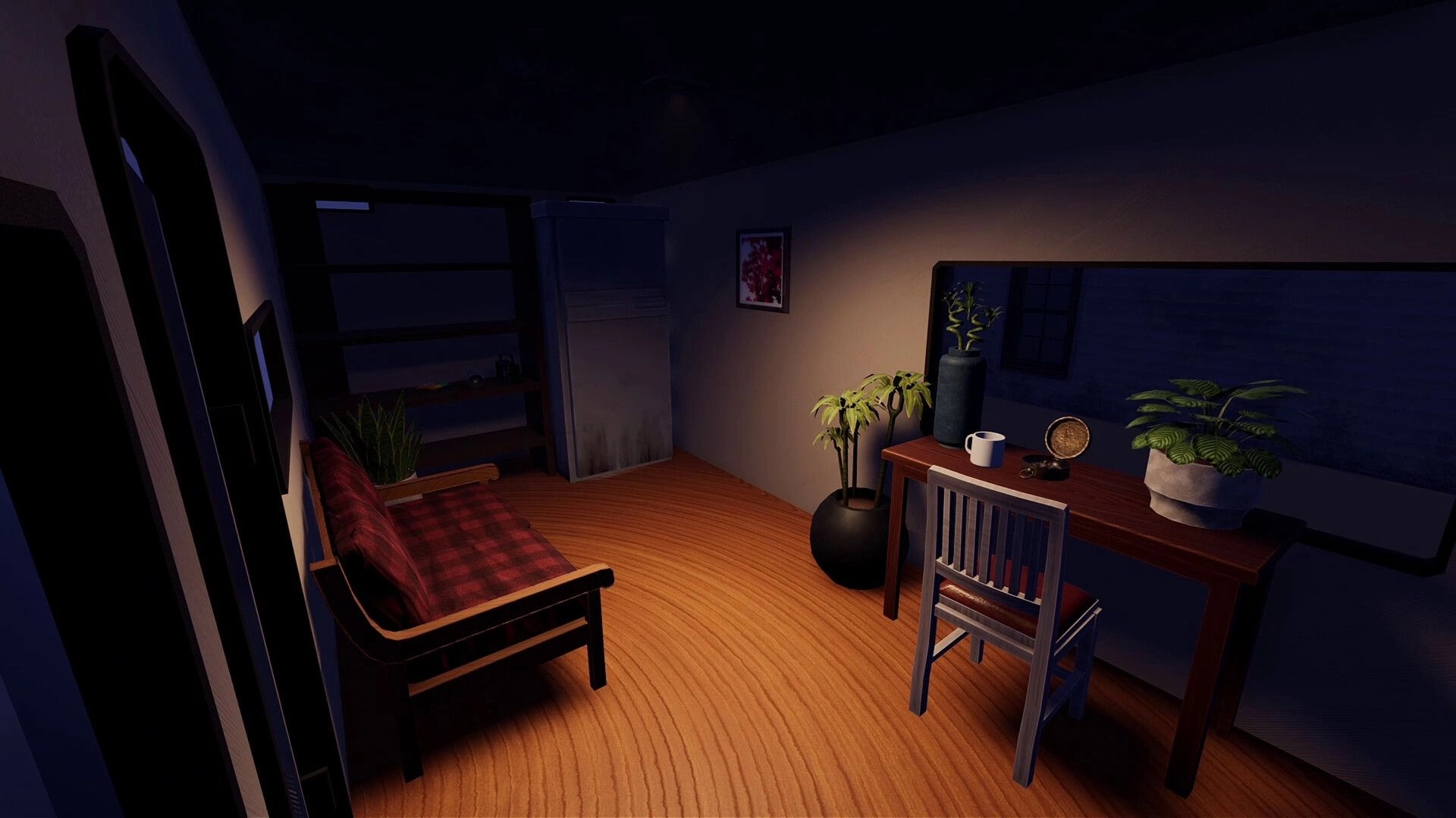 Nomad Drive: RV interior view with couch, desk and chair, potted plants, and a small fridge at night.