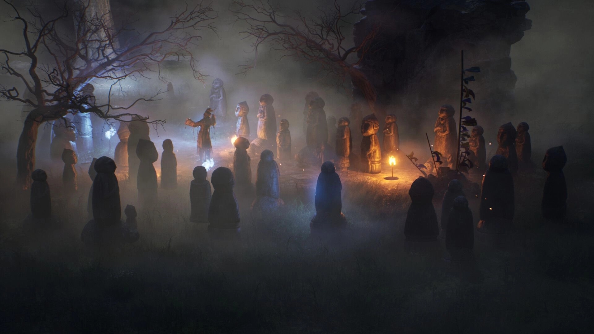 Nomad: Hooded figures gather around a torchlit ritual circle in a foggy forest clearing at night.