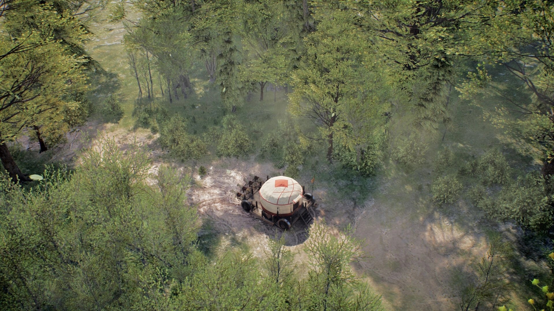 Nomad: Mobile yurt wagon parked beside stacked supplies in a sunlit forest clearing with dirt paths.