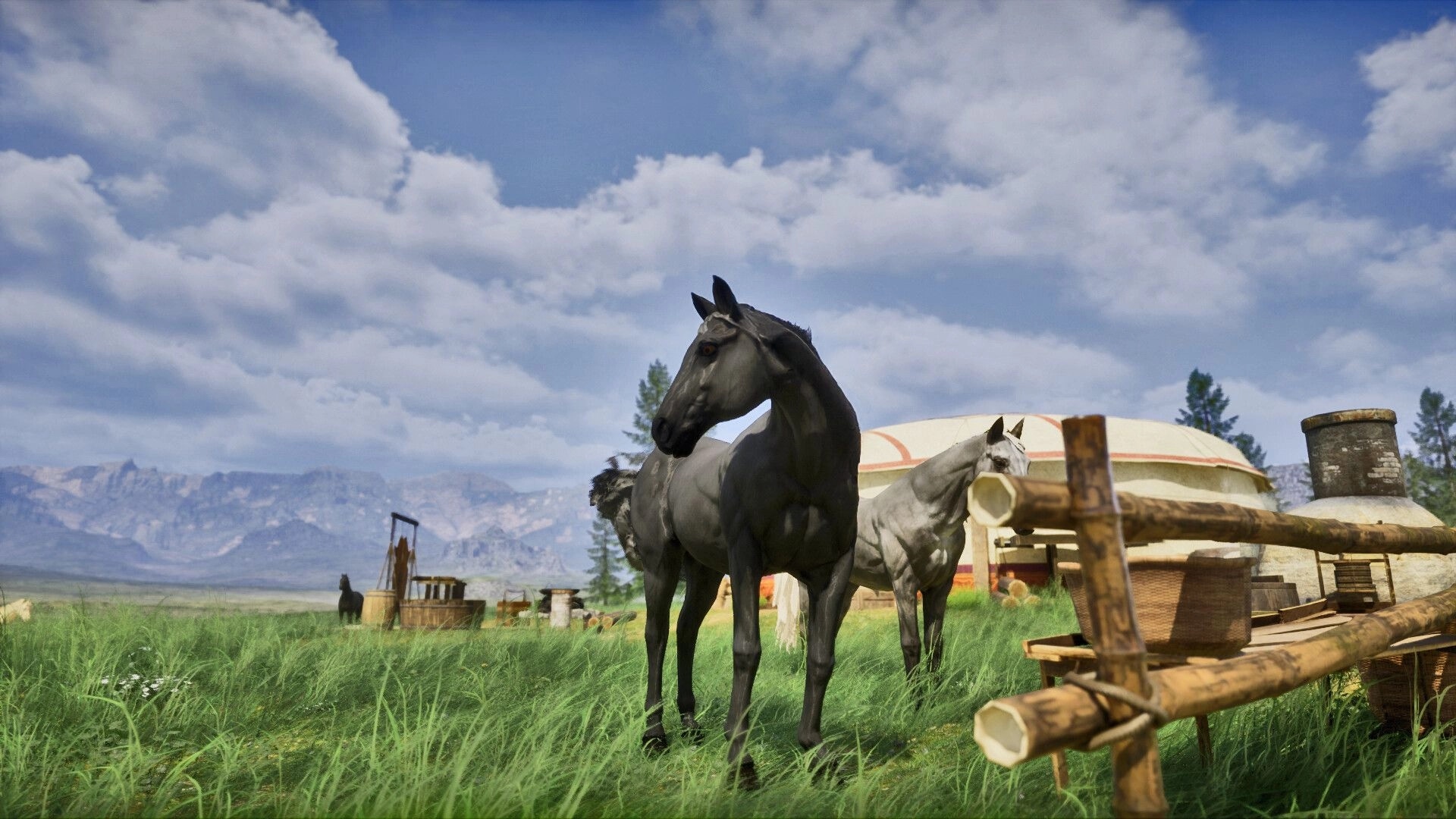 Nomad: Two horses stand in tall grass beside a yurt camp and wooden fence under cloudy sky.