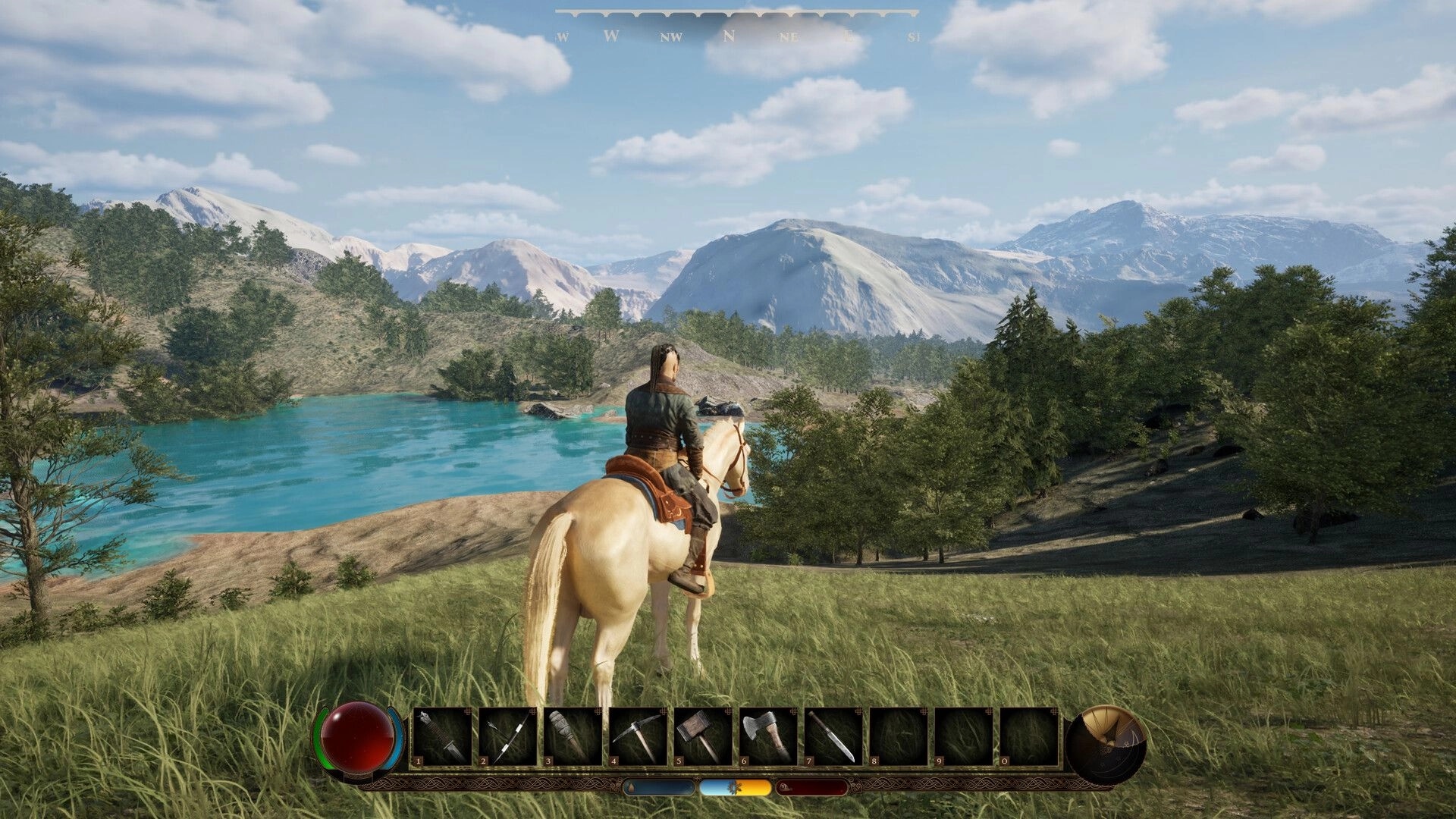 Nomad: Rider on a pale horse overlooking a blue lake and distant mountains with hotbar UI visible.