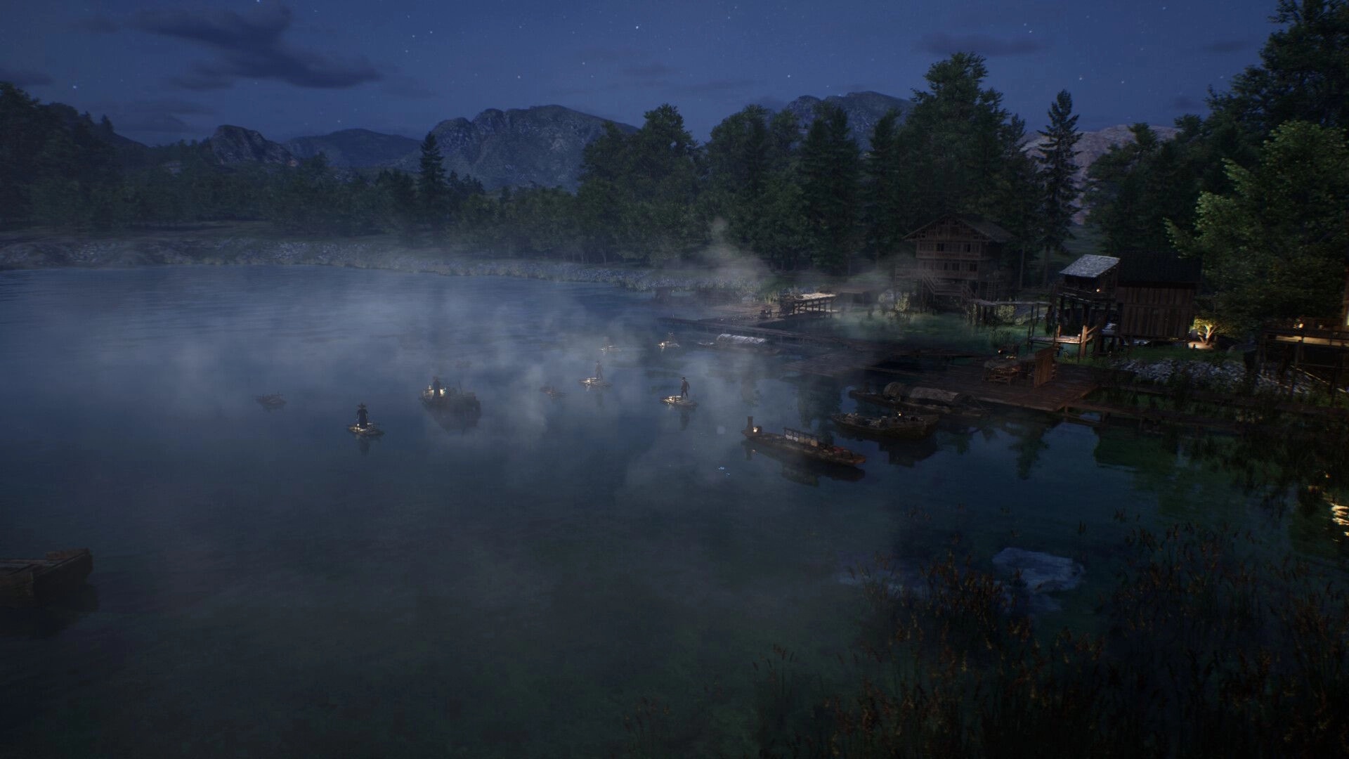 Nomad: Foggy lake with small boats and dockside lights beside wooden huts under a starry sky.