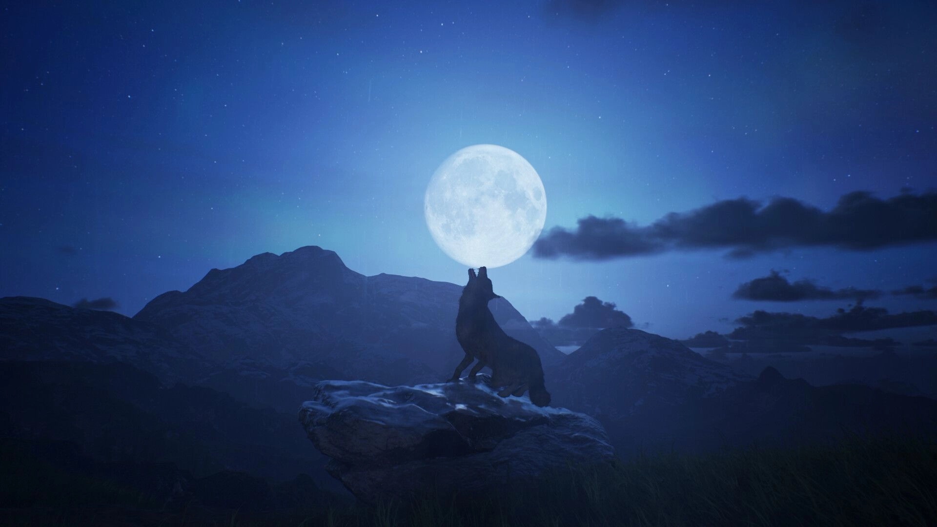 Nomad: Lone wolf silhouette howling on a rocky ledge under a full moon in misty mountains at night.