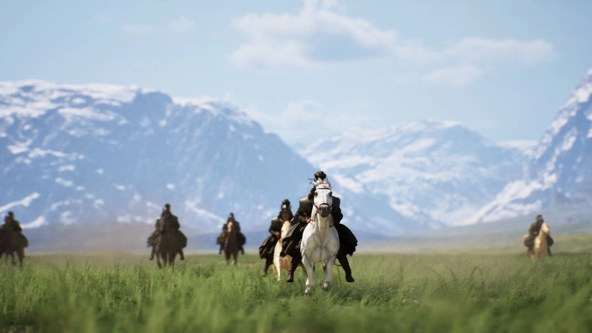 Nomad: Mounted riders gallop across open grassland with snowcapped mountains in the distance.
