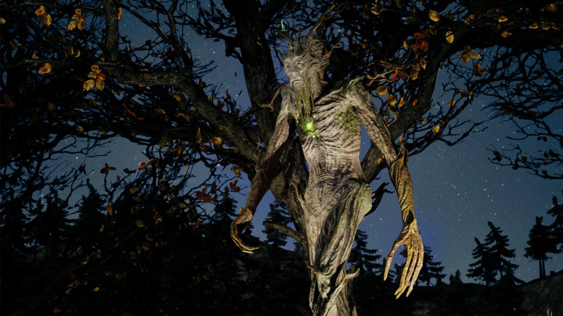 Nomad: Towering tree-like spirit with glowing green chest stands under autumn branches at night.