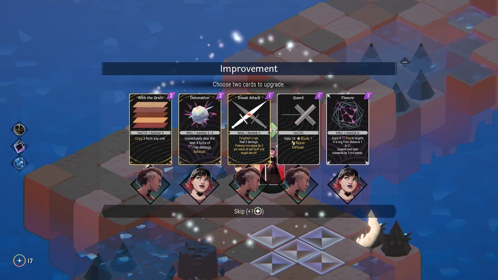 NOMIA: Card upgrade selection screen with character portraits on a floating isometric platform.