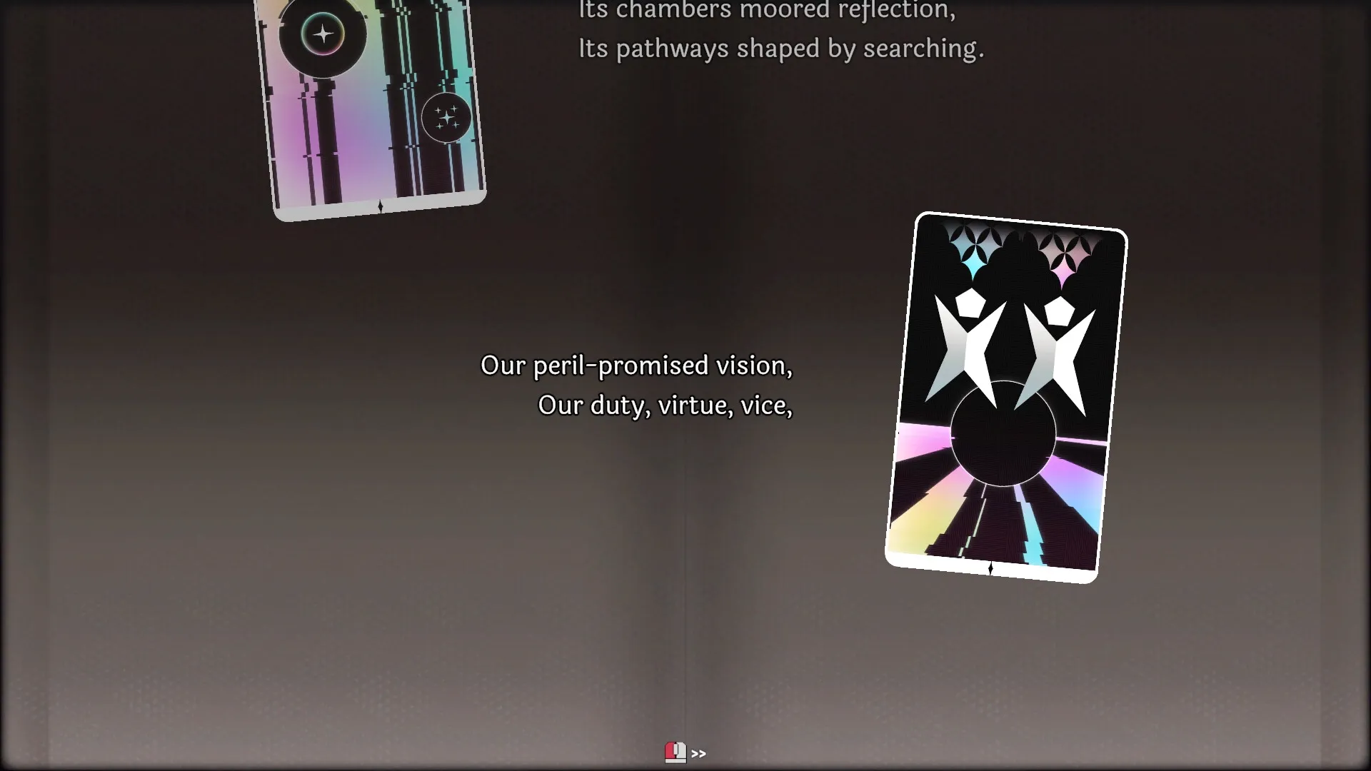 NOMIA: Two abstract cards float against a dark background with poetic text displayed between them.