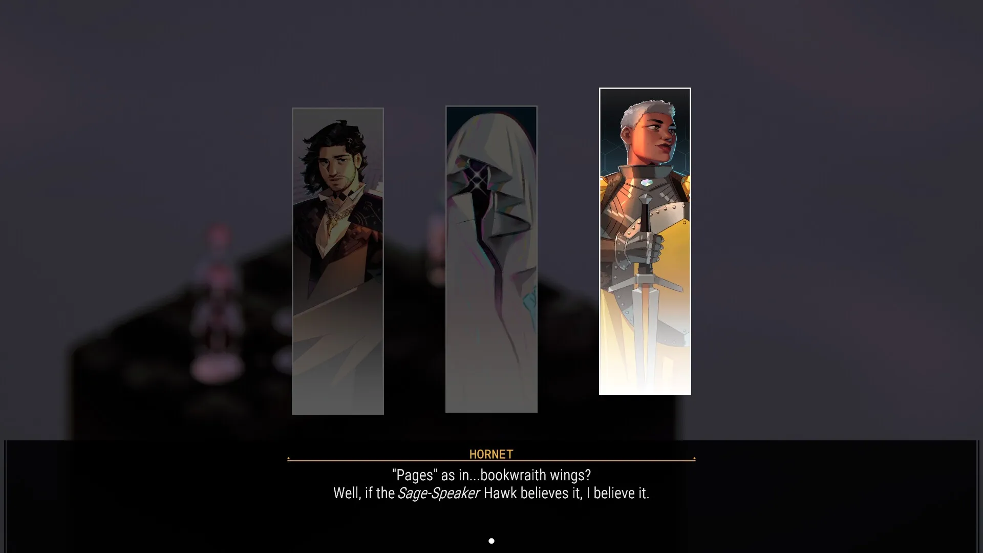 NOMIA: Dialogue with three character portraits in a dark setting, text from Hornet displayed below.