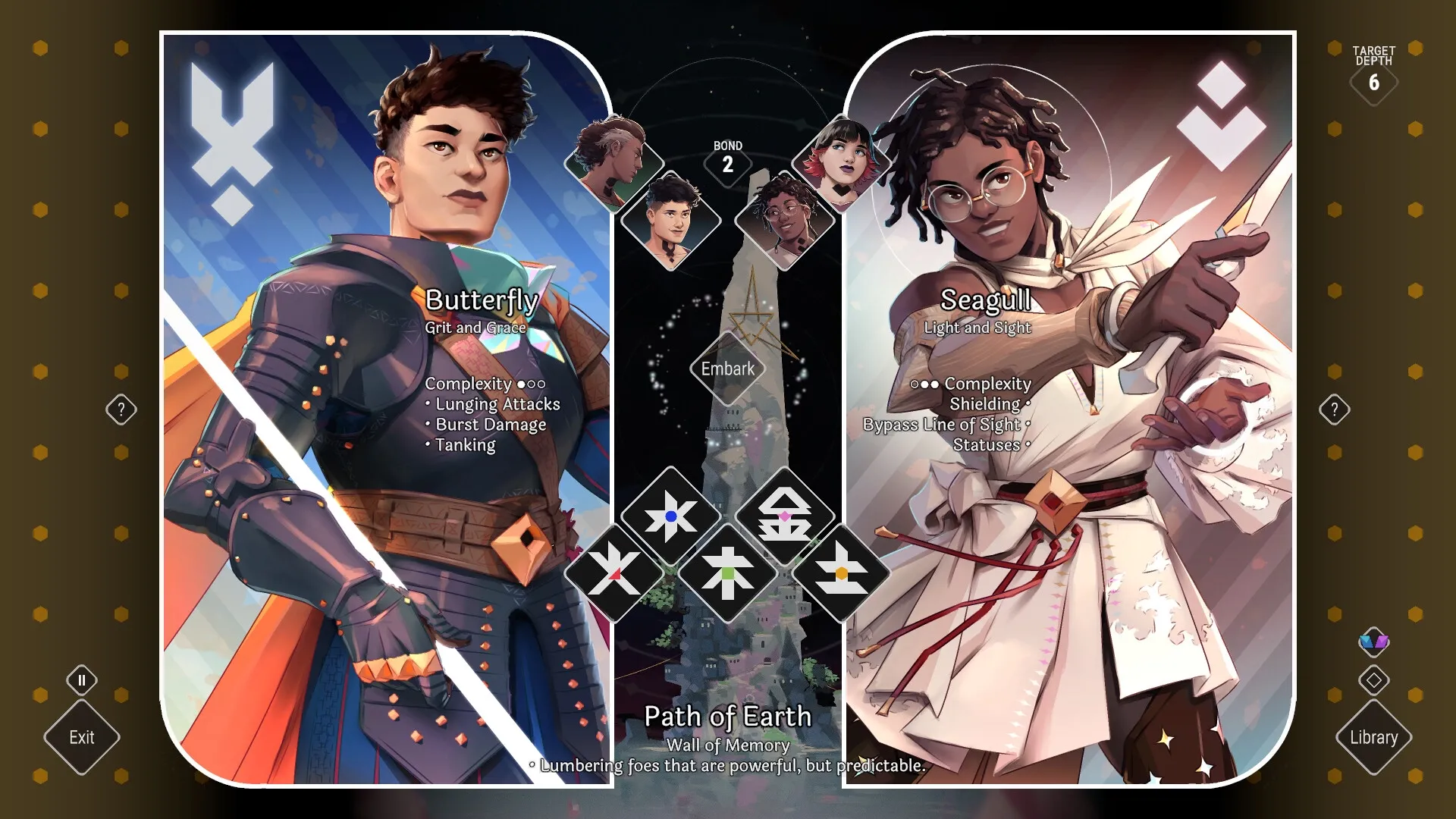 NOMIA: Character selection screen featuring Butterfly and Seagull with their abilities and stats displayed.