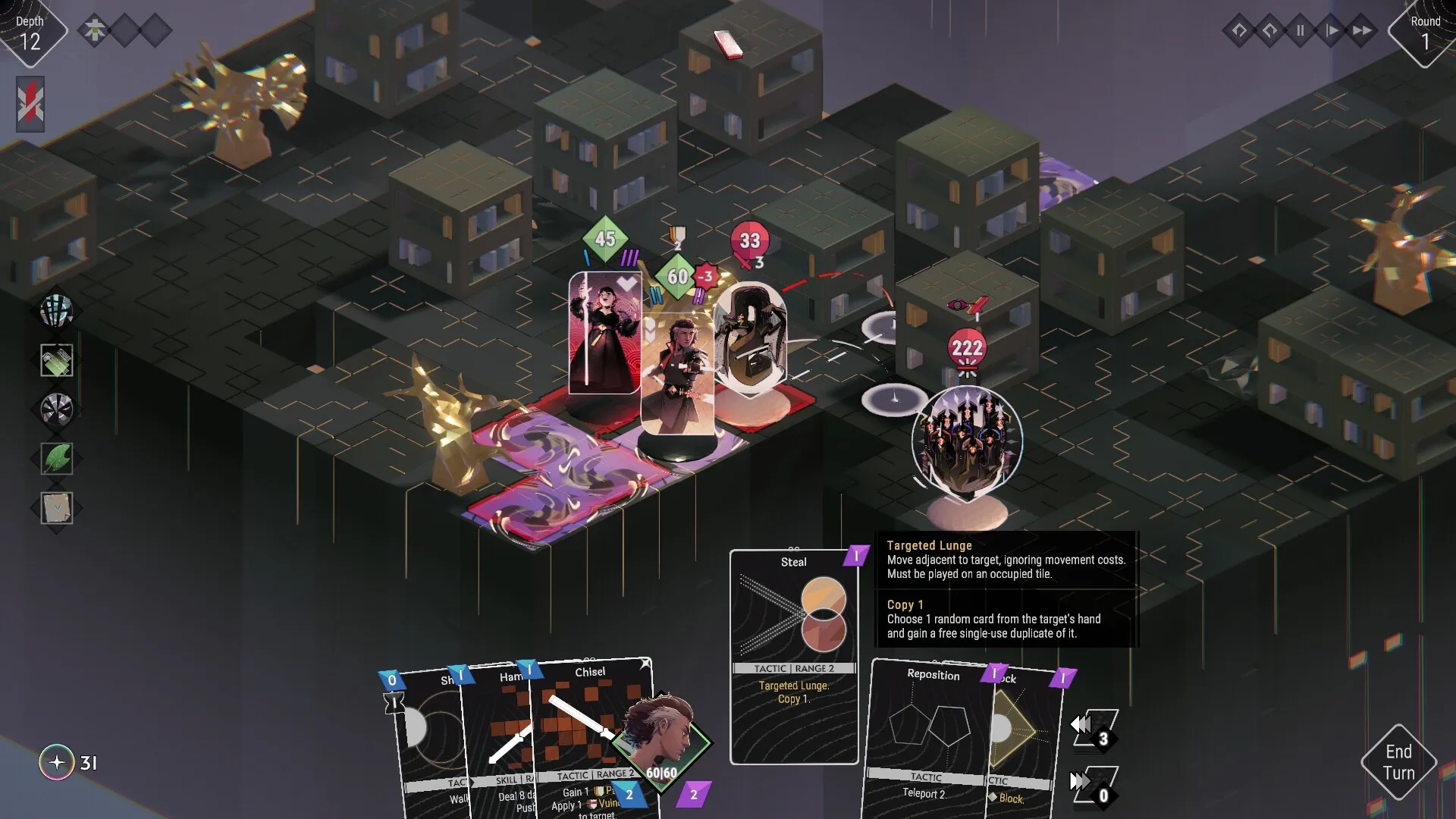 NOMIA: Tactical combat scene with two characters battling enemies on a grid-based, isometric dungeon floor.