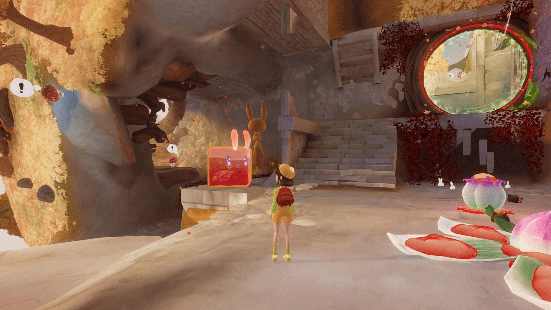 Nomori: Player faces a glowing bunny cube and stairs near a red-ring portal in a cave garden.