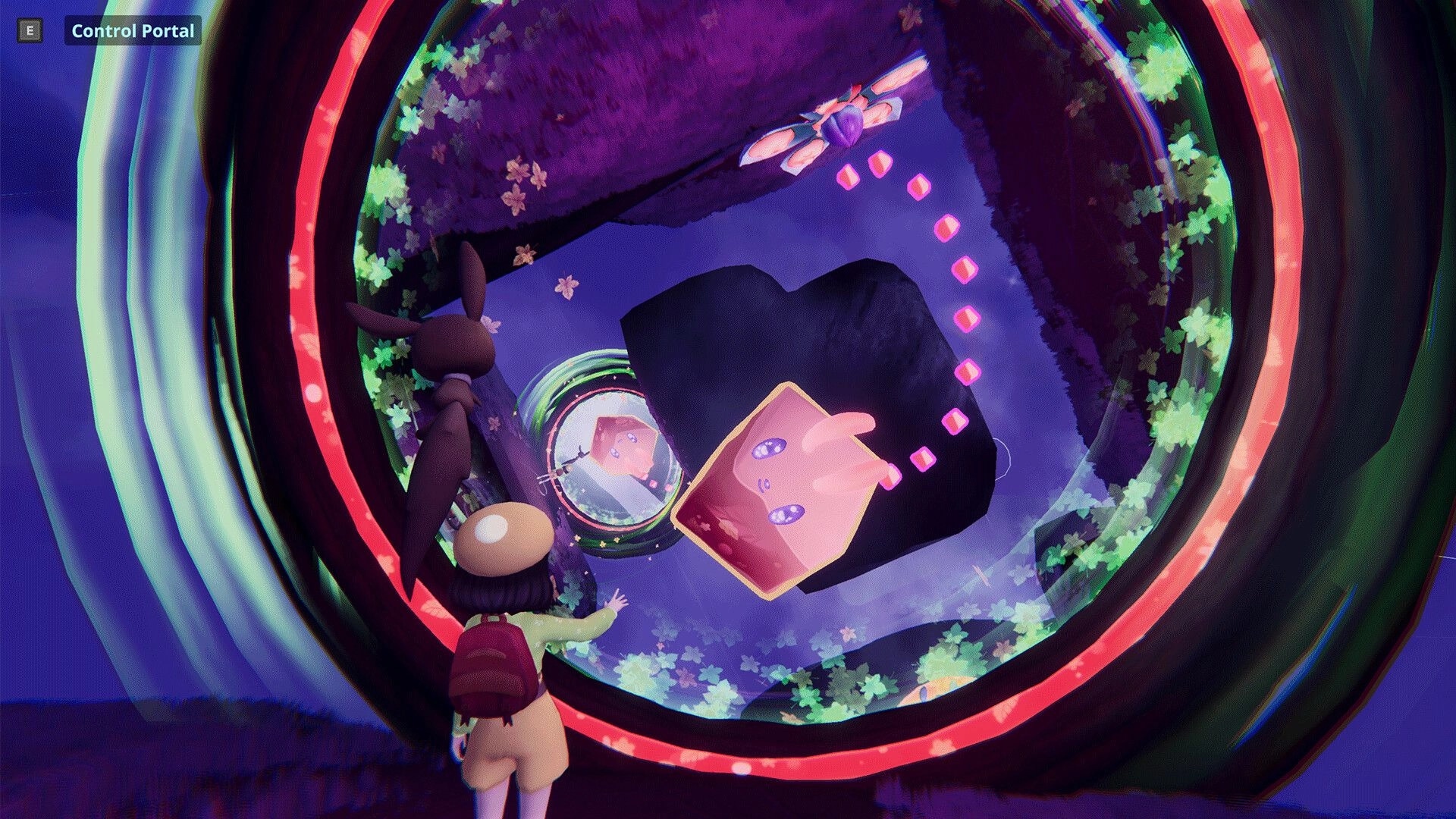 Nomori: Player reaches toward a glowing portal cube with “Control Portal” prompt in a ringed tunnel.